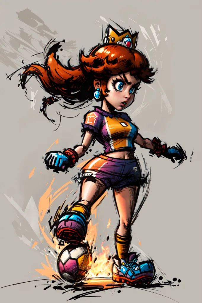 The image is of Princess Daisy from the Super Mario series. She is depicted as a young woman with long brown hair and blue eyes. She is wearing a purple and orange tank top, blue and purple shorts, and blue and orange sneakers. She is also wearing a crown on her head. She is in a dynamic pose, with her left foot kicking a soccer ball. The background is white with some blue and orange splotches.