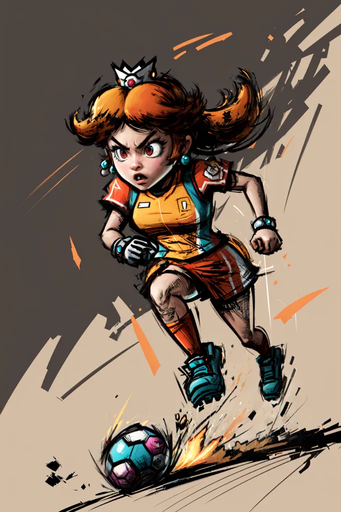 The image is of Princess Daisy from the Super Mario series. She is depicted as a young woman with orange hair and blue eyes. She is wearing a sports outfit consisting of a yellow shirt, orange shorts, and blue sneakers. She is also wearing a crown. She is in the middle of kicking a soccer ball. The background is a blur of brown and orange colors.