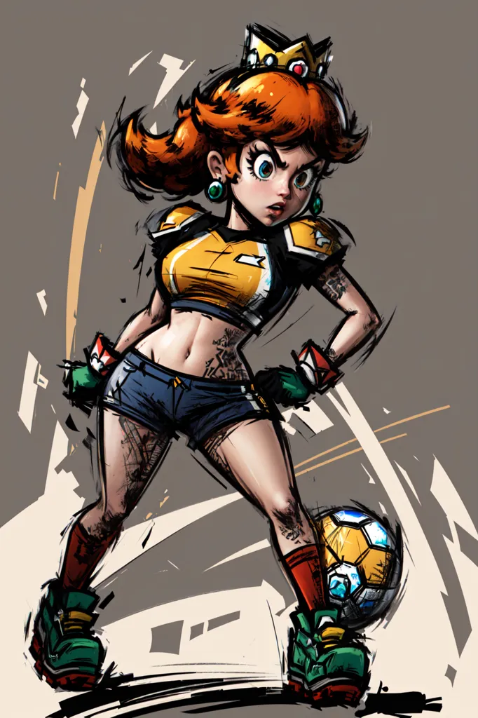 The image depicts a young woman with orange hair and blue eyes. She is wearing a yellow tank top, blue shorts, and green and yellow sneakers. She also has a crown on her head and several tattoos on her arms and legs. She is standing in a powerful pose with her legs shoulder-width apart and her arms outstretched. She is holding a soccer ball in her right hand. The background is a light gray color with some abstract yellow and black shapes.