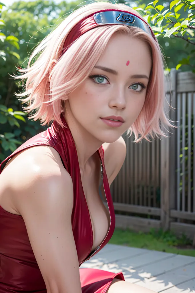 The image is a photo of a young woman dressed in a red and pink outfit. She has short pink hair and green eyes. She is wearing a headband with a metal plate on it. The woman is sitting on a wooden porch, with green plants in the background.