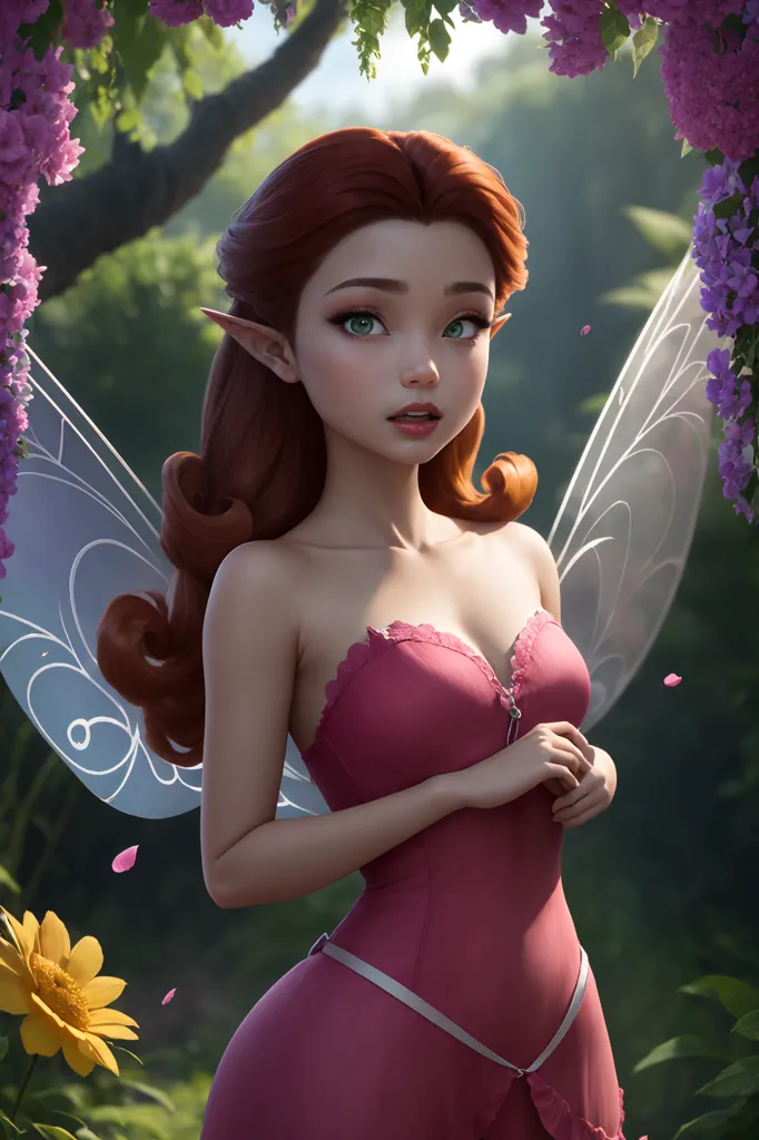 The image is a digital painting of a fairy. She has long, red hair, green eyes, and translucent wings. She is wearing a pink dress with a sweetheart neckline and a white sash. She is standing in a forest, surrounded by flowers and plants. There are small purple flowers in her hair. She is looking at the viewer with a shy smile on her face.