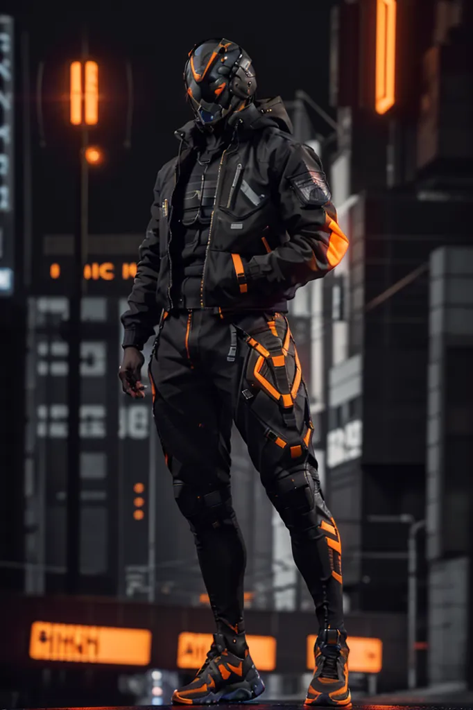 La imagen muestra a una persona con un traje futurista negro y naranja. El traje incluye un casco, chaqueta, pantalones y zapatos. La persona está de pie en un lugar oscuro, posiblemente una ciudad por la noche. Hay luces naranjas de fondo.