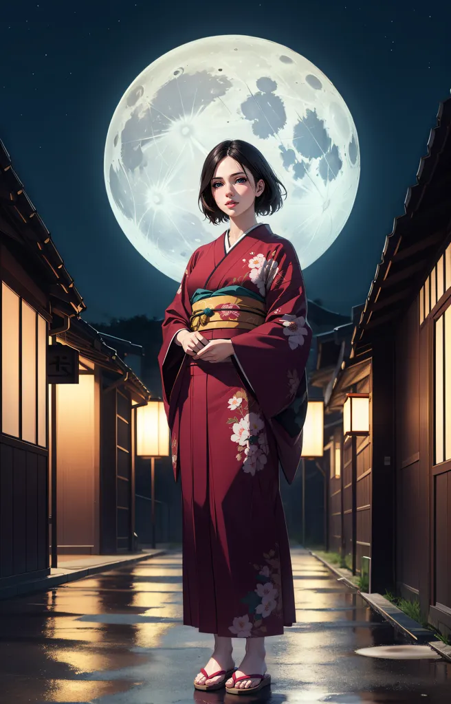 The image is a portrait of a young woman wearing a red kimono with white and pink floral patterns. The kimono is tied with a green obi sash. She has short black hair and brown eyes. The background is a full moon and a traditional Japanese street with paper lanterns. The street is lit by the moonlight and the lanterns. The woman is standing in the middle of the street, looking at the viewer.