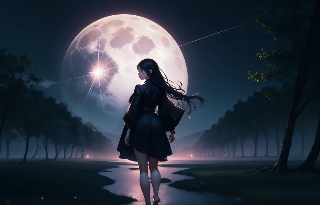 La imagen es un hermoso paisaje con una luna llena en el fondo. Una chica con el cabello negro y largo está de pie en primer plano, mirando hacia la luna. Lleva un vestido negro y está descalza. La luna se refleja en el agua. La imagen es pacífica y serena.