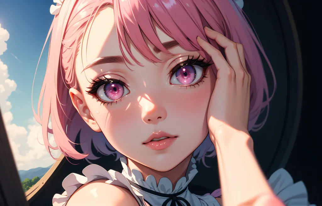 The image is a digital painting of a young woman with pink hair and purple eyes. She is wearing a white and black maid outfit. The woman is standing in front of a window, and the sun is shining on her face. She has a gentle smile on her face, and she is looking at the viewer. The painting is done in a realistic style, and the artist has paid close attention to detail. The woman's hair is particularly well-rendered, and the artist has used a variety of techniques to create a sense of depth and realism. The painting is also well-lit, and the artist has used a variety of colors to create a sense of atmosphere. Overall, the painting is a beautiful and well-executed work of art.