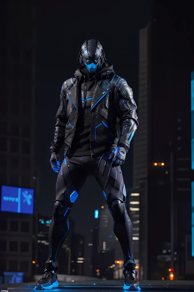 The image shows a man wearing a futuristic suit of armor. The armor is black and blue, and it covers his entire body. He is wearing a helmet, a jacket, pants, and boots. The helmet has a visor, and the jacket has a zipper. The pants are tight-fitting, and the boots have a high heel. The man is standing on a rooftop, and there is a city in the background. The city is full of tall buildings, and it is lit up by neon lights.