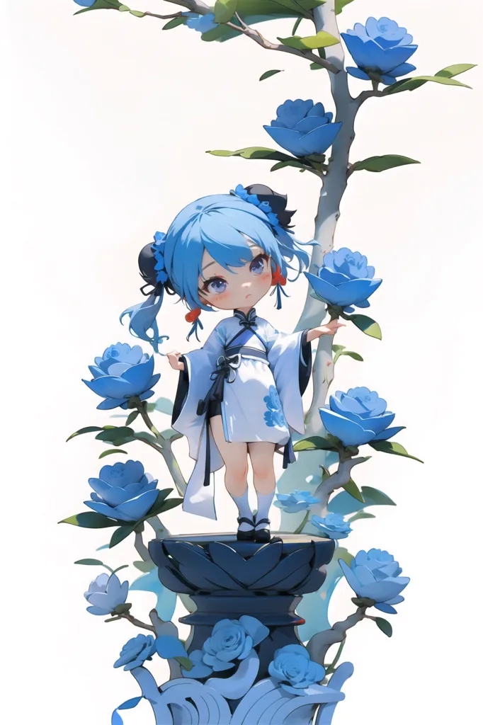 Esta é uma imagem de uma garota anime chibi com cabelo e olhos azuis. Ela está usando um quimono branco e azul com um obi azul e branco. Ela está em pé em um pedestal cercado por flores azuis. O fundo é branco.