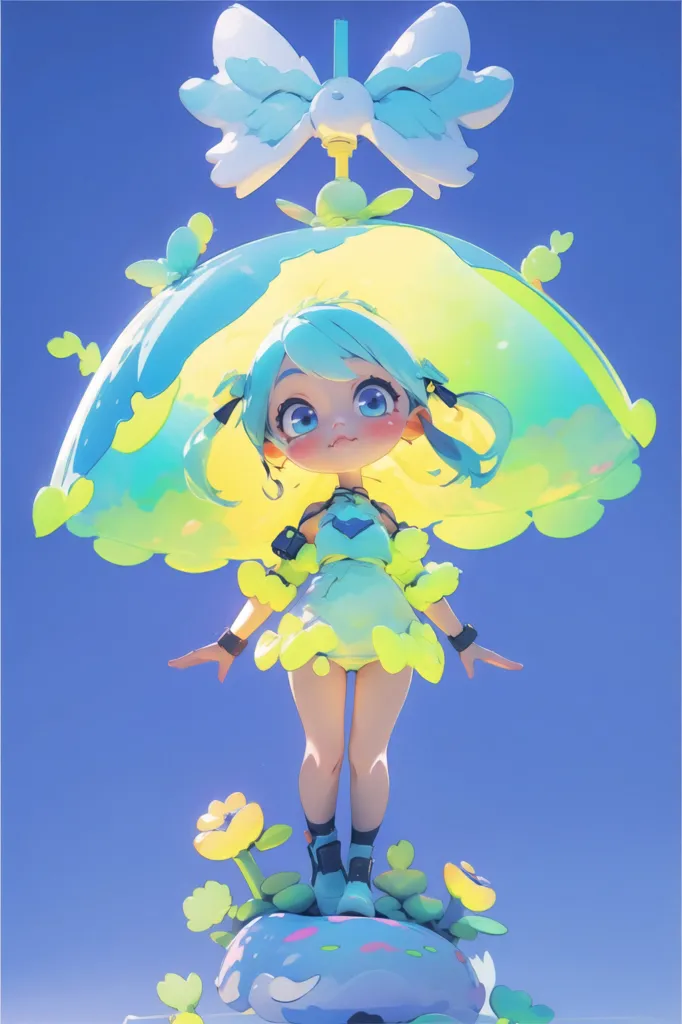 This is an image of a cute jellyfish girl. She has blue and green hair that resembles jellyfish tentacles. She is wearing a yellow and green swimsuit with a large jellyfish-like hat. She is standing on a small island with green grass and yellow flowers. She has big blue eyes and is smiling.