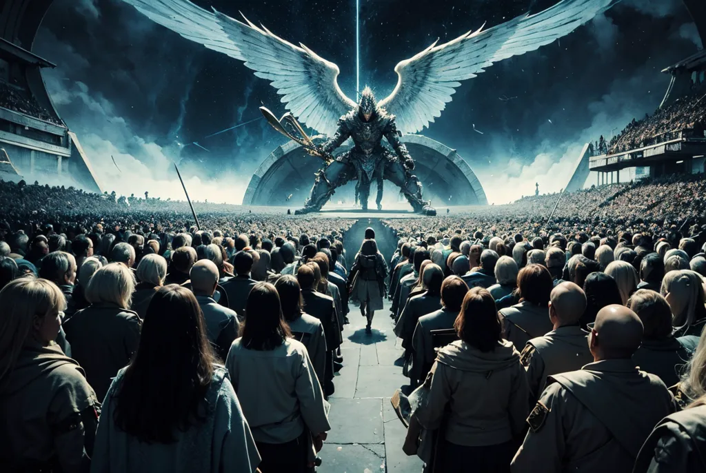 The image shows a large crowd of people in a stadium-like setting. The crowd is parted down the middle, with a person in a black cloak walking towards a large, winged figure at the far end. The winged figure is standing on a raised platform and has a sword in its hand. It is unclear what is happening, but it seems like the person in the cloak is about to confront the winged figure. The crowd is watching in anticipation.