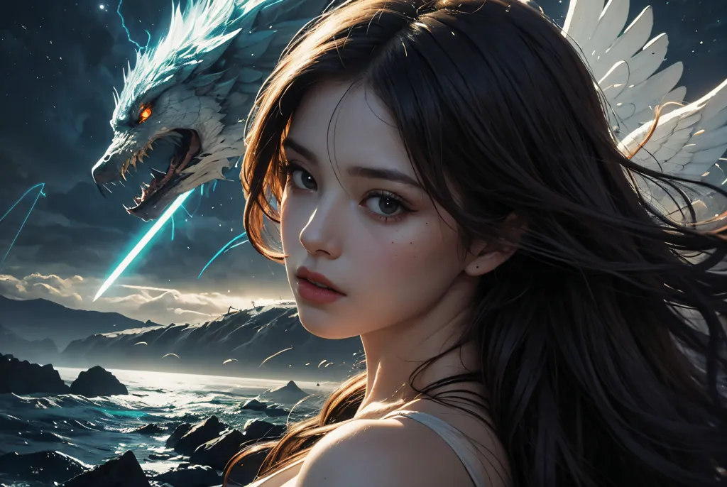 The image is of a beautiful woman with long brown hair and green eyes. She is wearing a white dress and has a white dragon with her. The dragon has its mouth open and is baring its teeth. The woman is standing in front of a dark background with a stormy sea and a mountain range in the distance.