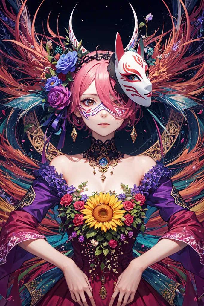 La imagen es un retrato de una mujer joven con el cabello rosa y una máscara de zorro. Lleva un vestido rojo y morado con un estampado floral y tiene flores en el cabello. El fondo es oscuro con un cielo estrellado. Los ojos de la mujer están cerrados y tiene una expresión serena en el rostro.