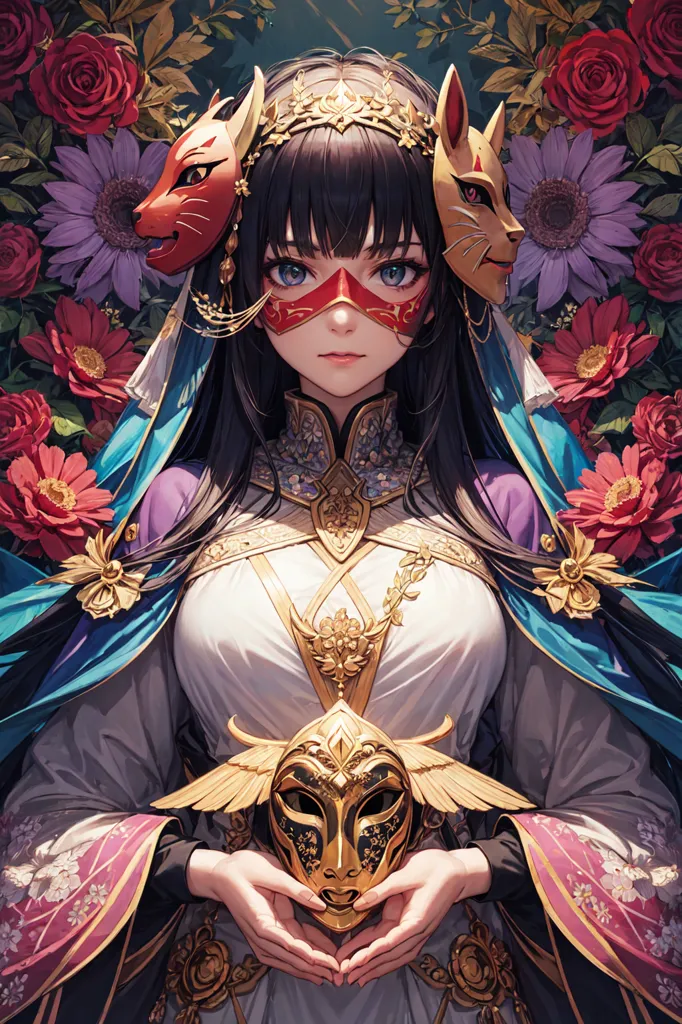The image is a portrait of a young woman with long black hair. She is wearing a white and gold kimono with a red obi. Her face is partially covered by a kitsune mask, and there are two fox masks on her head. She is standing in front of a background of red and purple flowers.