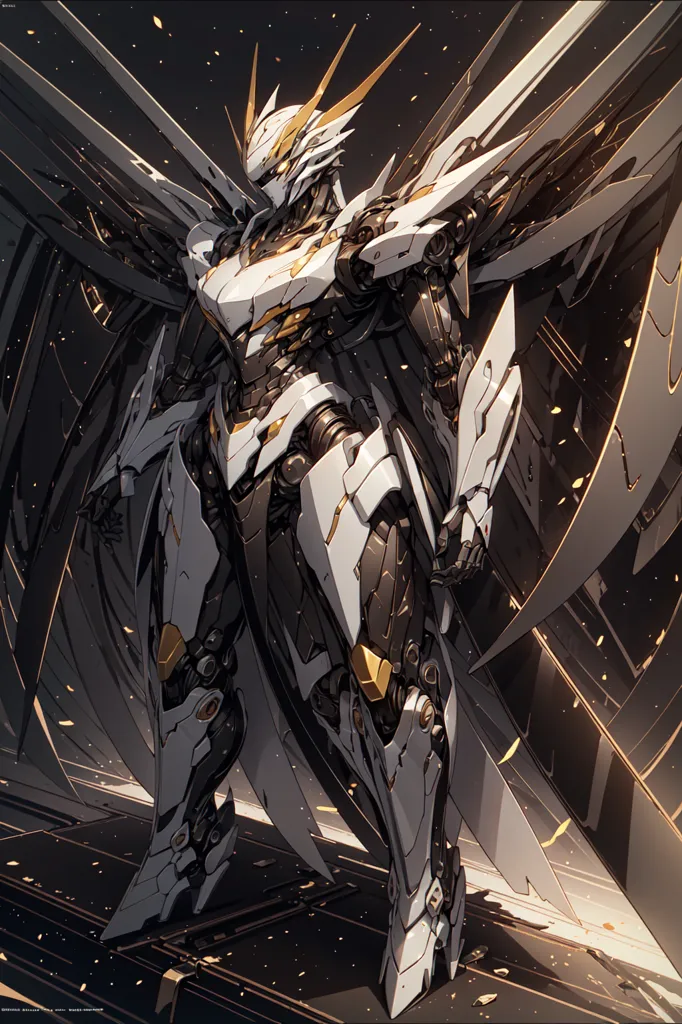 The image is a digital painting of a mecha, a large, armored robot. The mecha is white and gold with black and gray accents. It has a pair of large wings, a pair of smaller wings on its back, and a pair of thrusters on its shoulders. The mecha is standing in a hangar, and there is a large door behind it. The floor of the hangar is covered in debris.