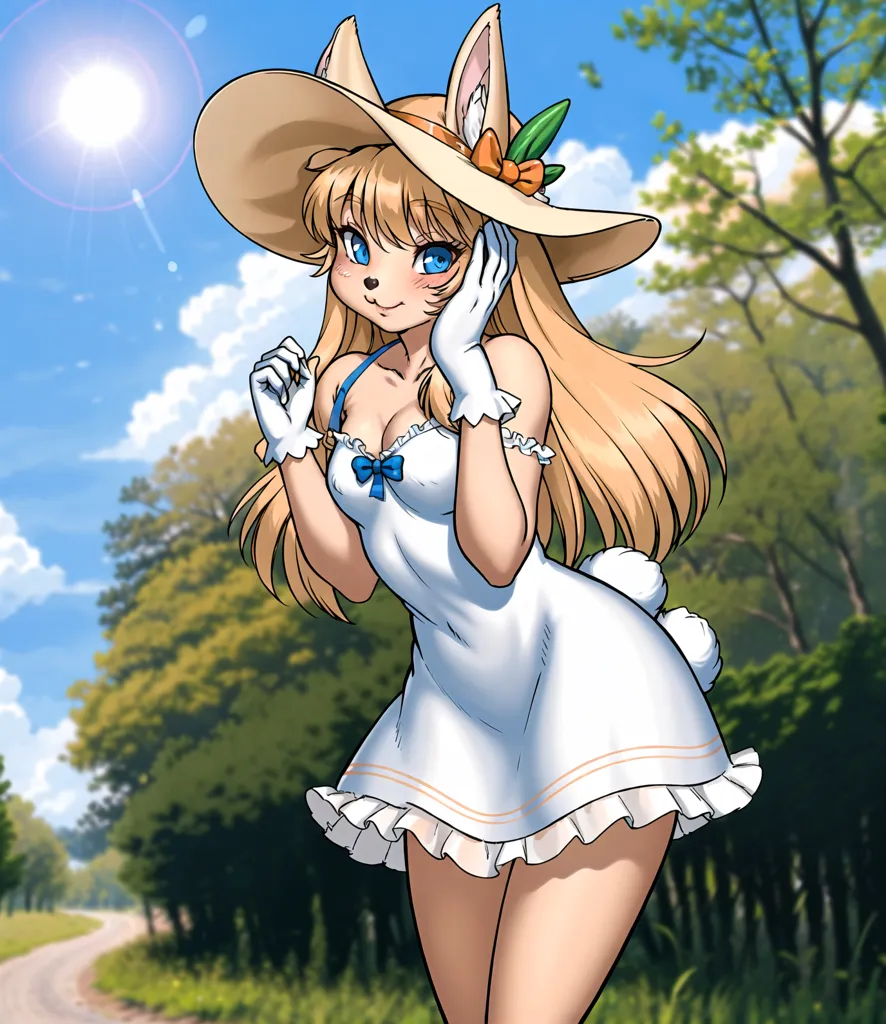 The image is of an anime-style rabbit girl. She has long, blonde hair and blue eyes. She is wearing a white dress with a blue bow and a straw hat with a carrot on it. She is standing in a field of flowers and there are trees in the background. The sun is shining and there are white clouds in the sky.