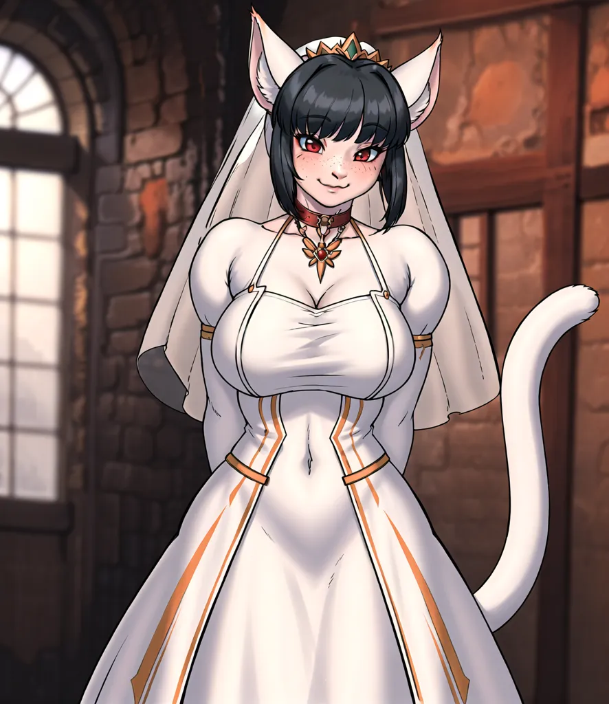 The image is of a beautiful cat girl in a wedding dress. She has long black hair, red eyes, and a slim figure. She is wearing a white wedding dress with a sweetheart neckline and a long train. The dress is trimmed with gold lace and has a gold belt at the waist. She is also wearing a veil and a tiara. She is standing in a stone room with a large window behind her.