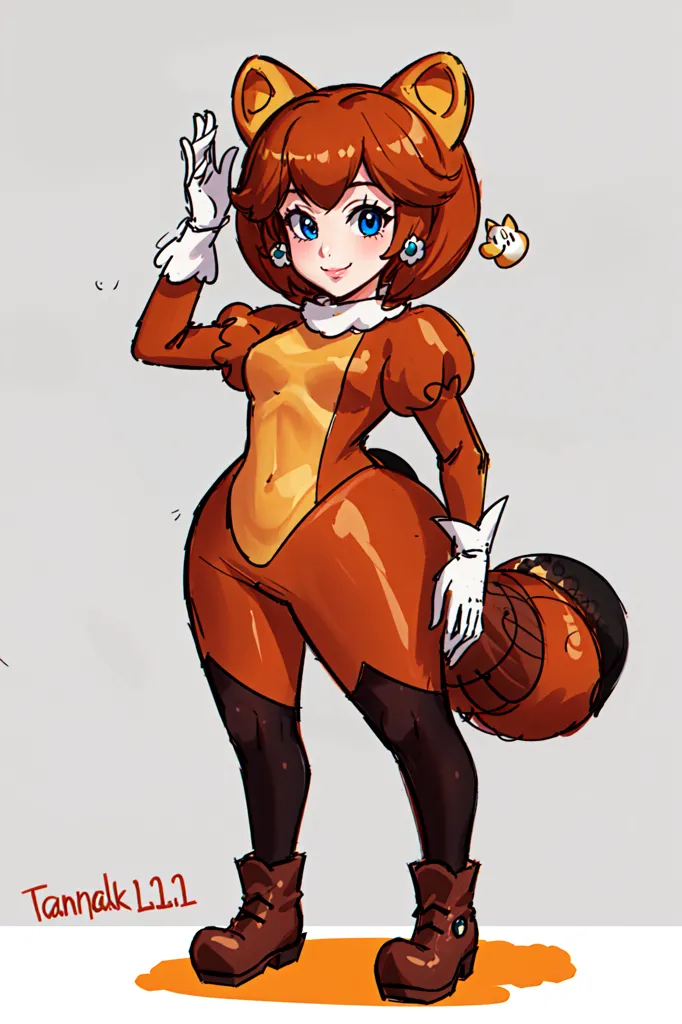 The image is of a young woman dressed in a raccoon onesie. The onesie is orange and black with a white belly. She has a hood with two raccoon ears and a tail. She is wearing brown boots and white gloves. She has blue eyes and brown hair. She is standing on her tiptoes and has one hand raised in the air. She has a small yellow creature with a blue spot on its head and a yellow tail standing on her shoulder.