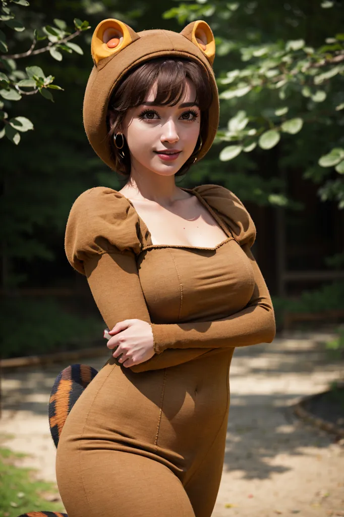 The image shows a young woman wearing a brown jumpsuit with a hood. The hood has ears that resemble those of a raccoon. The woman is standing in a forest, and she has a confident smile on her face.