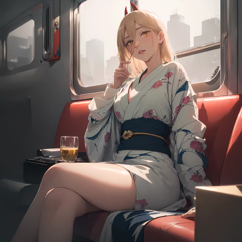 L'image représente une jeune femme aux cheveux blonds et aux cornes rouges assise dans un train. Elle porte un kimono blanc avec des motifs floraux roses et rouges et une ceinture noire. La femme regarde par la fenêtre avec une expression pensive. Il y a un verre de vin sur la table à côté d'elle. Le train traverse une ville, et les bâtiments à l'extérieur de la fenêtre sont grands et modernes.