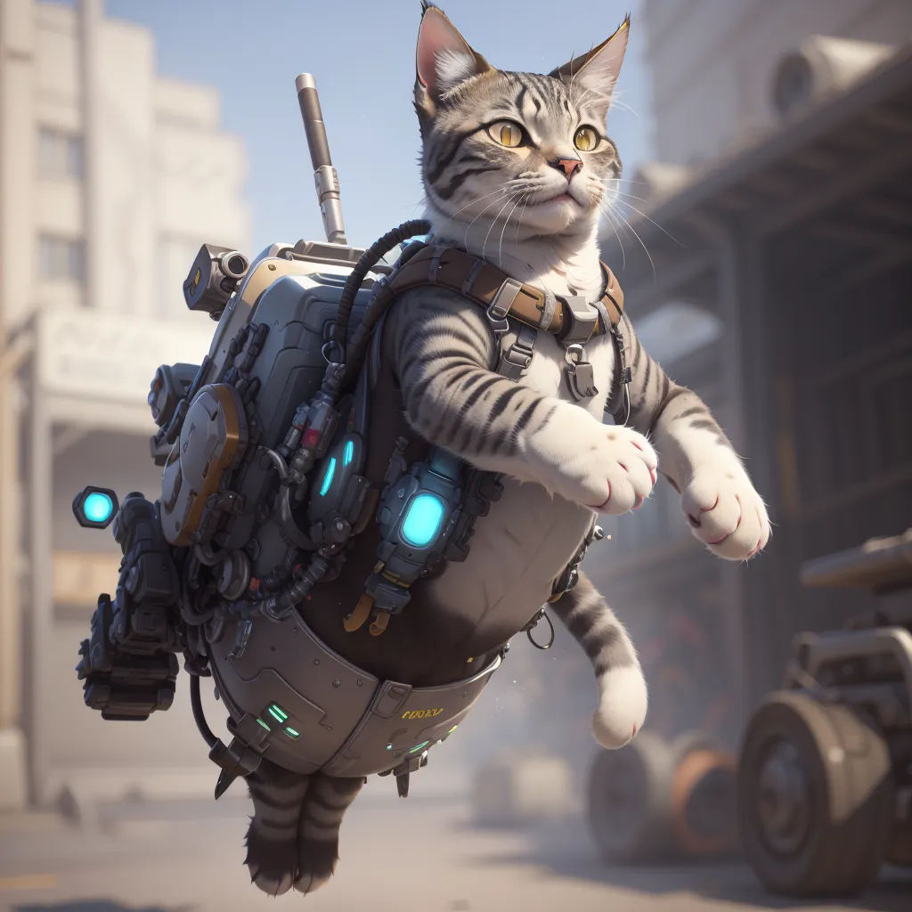 The image shows a cat wearing a mechanical suit of armor. The cat is gray and white, with tabby markings. The suit of armor is gray and black, and it has a number of gadgets and weapons attached to it. The cat is standing on a platform, and it is looking out at the viewer. The background is a blur of a city.