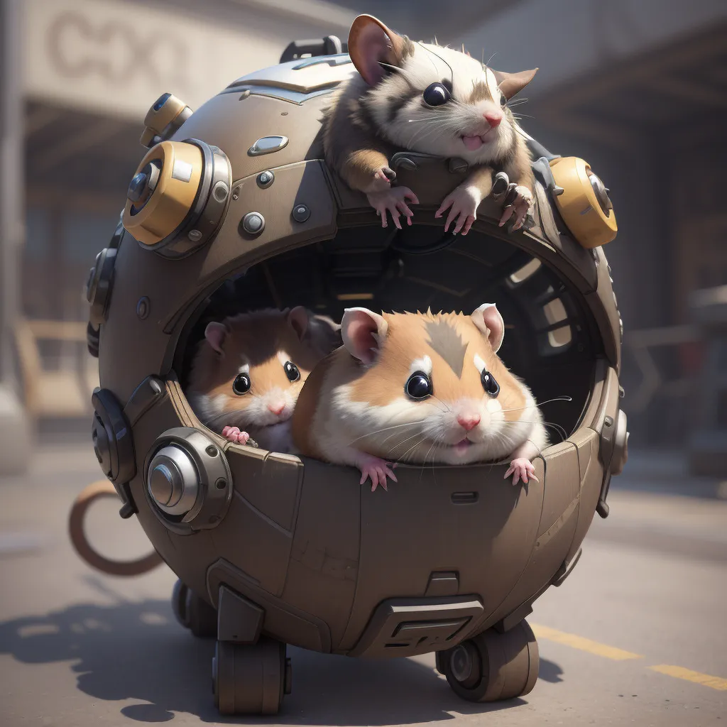 The image shows three hamsters in a steampunk hamster ball. The hamster ball is made of metal and has four wheels. The hamsters are all looking out of the hamster ball. The hamster ball is in a city street with buildings in the background.