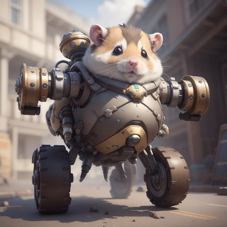 The image shows a hamster in a mech suit. The hamster is brown and white, with a black nose and eyes. It is wearing a gray and brown mech suit with a clear bubble helmet. The mech suit has two large wheels on the back and two small wheels on the front. The hamster is sitting in the mech suit, with its hands on the controls. The mech suit is standing in a city street, with buildings in the background. The hamster is looking at the camera.