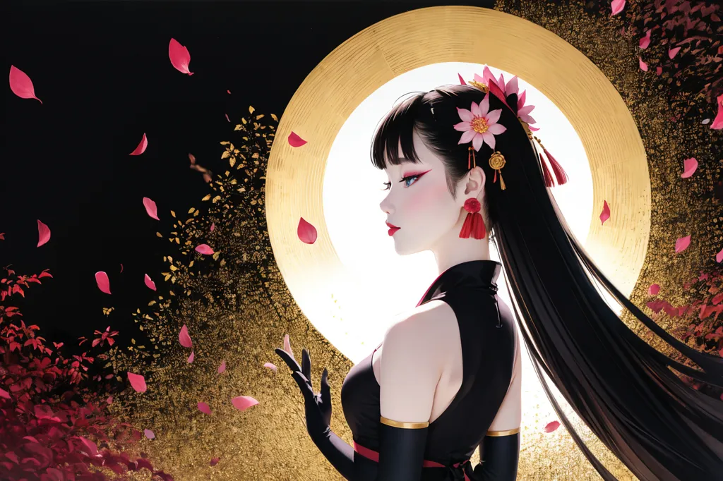 The image is a portrait of a beautiful Asian woman with long black hair. She is wearing a black dress with a high collar and has red flowers in her hair. There is a golden halo behind her head. The background is a dark color with a pattern of red and pink flowers.