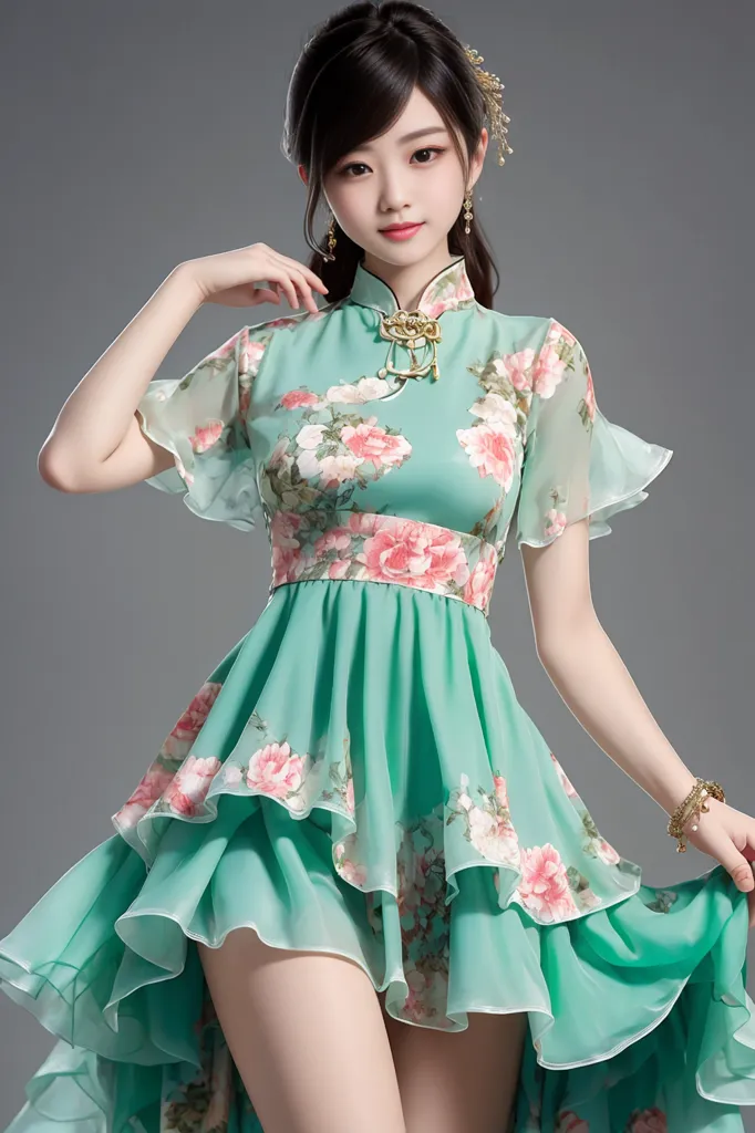 The image shows a young woman wearing a beautiful cheongsam. The cheongsam is green with a floral pattern. The woman has long black hair and is wearing a traditional Chinese hairstyle. She is also wearing gold earrings and a bracelet. The woman is standing with her left hand on her hip and her right hand holding the edge of her cheongsam. She has a confident smile on her face. The image is taken from a slightly elevated angle, which makes the woman look even more graceful. The background is a solid gray, which helps to make the woman stand out. The image is a beautiful and stylish depiction of a traditional Chinese woman.