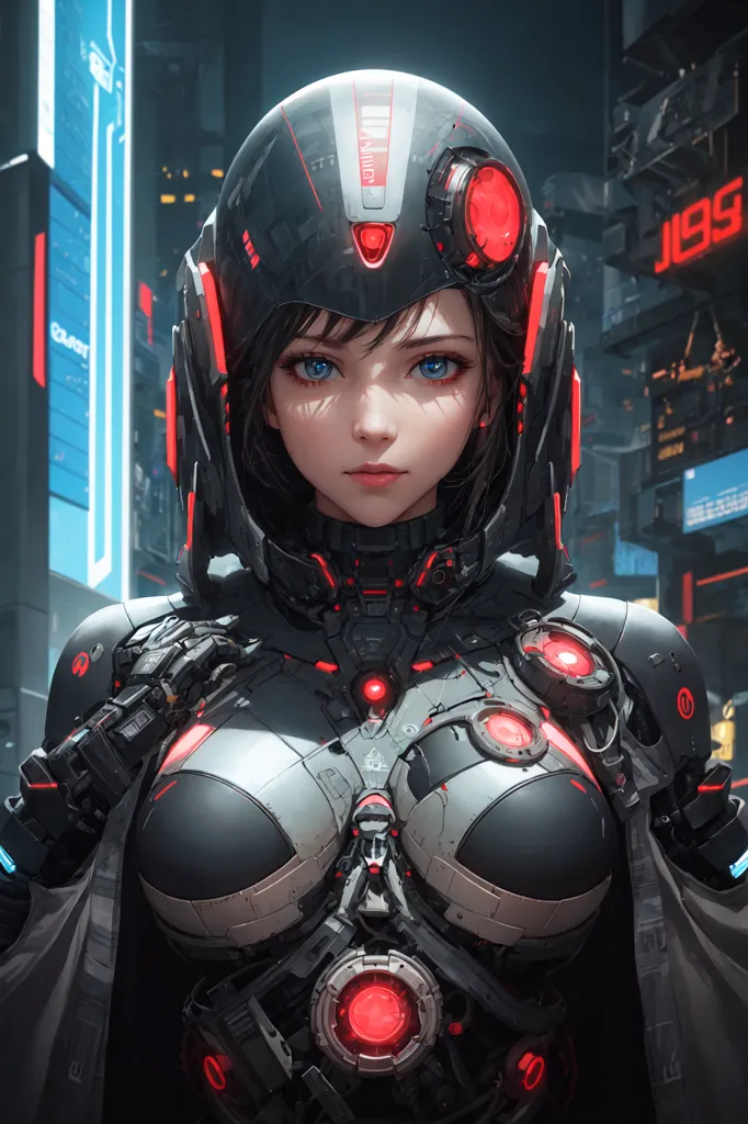 The image is a portrait of a young woman. She is wearing a black and gray bodysuit with red lights on her chest and helmet. The bodysuit has a high collar and a hood. The helmet has a visor and a breathing apparatus. The woman's eyes are blue and her hair is short and black. She is standing in a dark place with a city in the background. The city is full of tall buildings and neon lights.