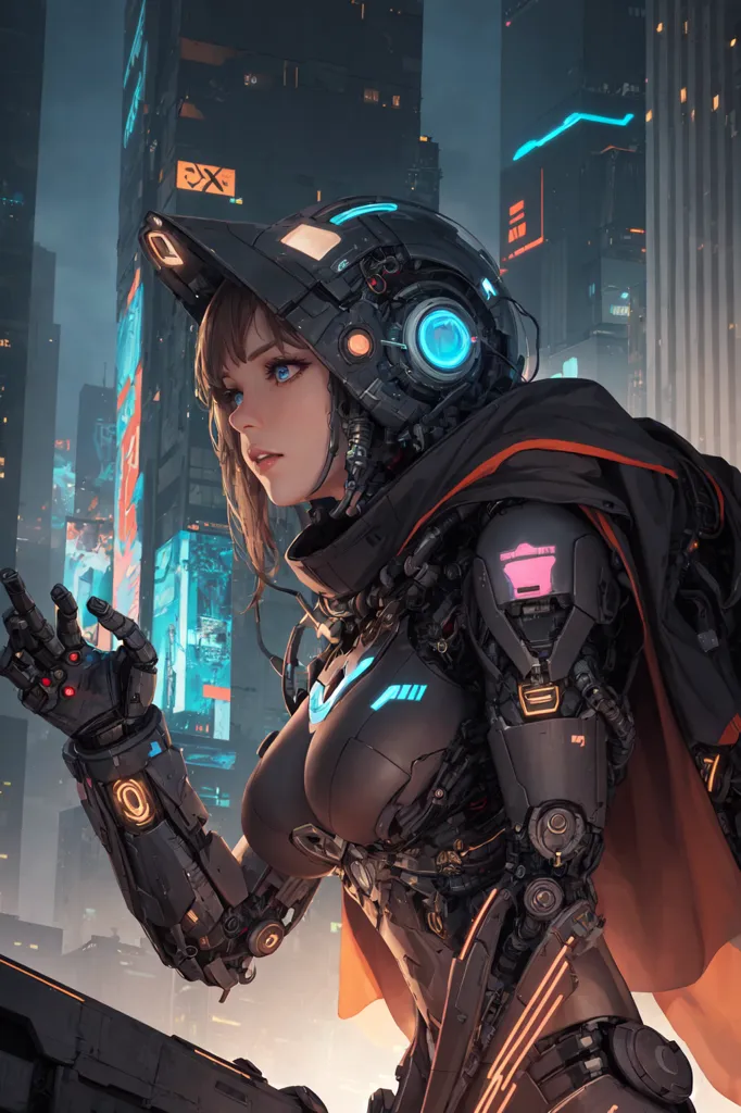 This is an image of a female cyborg. She is wearing a black and orange bodysuit with a helmet and a cape. Her right arm is made of metal and has a red light on the palm. She is standing in a city with tall buildings and neon lights.