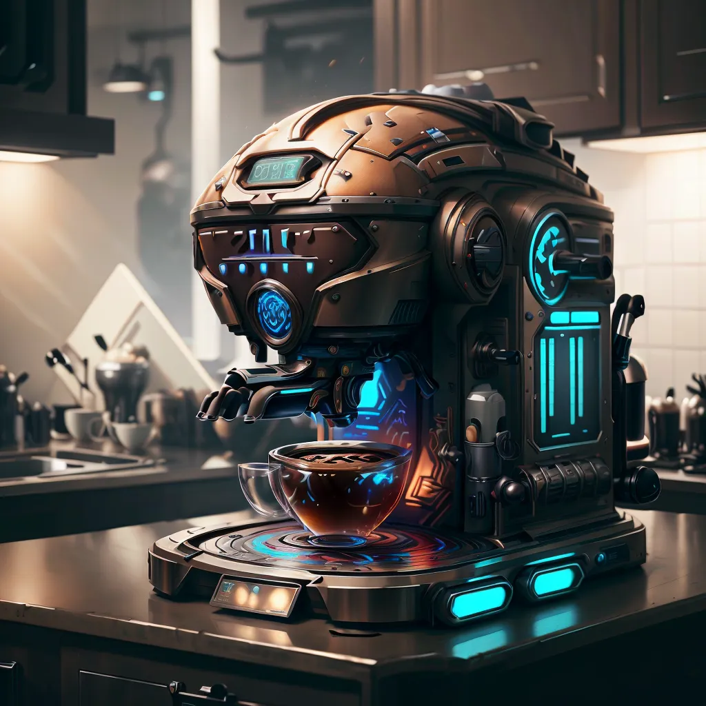 La imagen muestra una cafetera futurista. Está hecha de metal y tiene una forma redonda. La cafetera tiene una luz azul en la parte frontal y una taza de vidrio transparente en la parte inferior. Hay una pequeña cantidad de café en la taza. La cafetera está colocada sobre una mesa negra. Hay una pared blanca en el fondo.