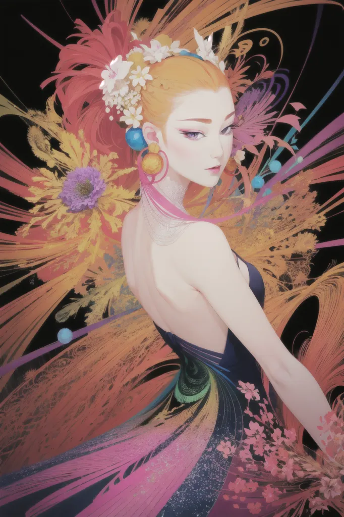 The image is a painting of a woman with long orange hair and blue eyes. She is wearing a black dress with a low back and a high collar. The dress is decorated with colorful flowers and feathers. The woman is standing in front of a dark background. There are also some small, round, bubble-like shapes in the background. The woman's hair is blowing in the wind and she has a serious expression on her face.