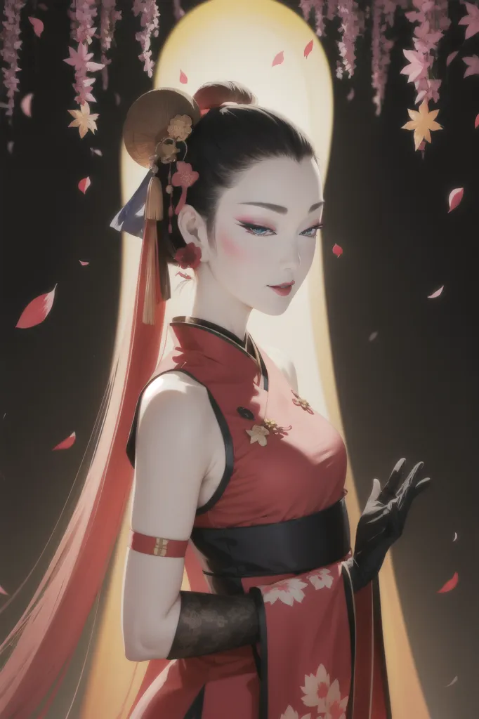 The picture shows a young woman in a red cheongsam with black lace gloves. She has long black hair with a golden and blue hairpiece. There are two pink flowers in her hair. Her makeup is very delicate, with red eyeshadow and pink blush. She is standing in front of a black background with a golden halo behind her head. There are some pink and red flower petals falling around her.