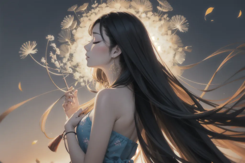 The picture shows a beautiful anime girl with long black hair and blue eyes. She is wearing a white dress with a blue sash. The girl is standing in a field of white dandelions. She has a dandelion in her hand and is blowing on it. The sun is setting in the background, casting a warm glow over the scene.