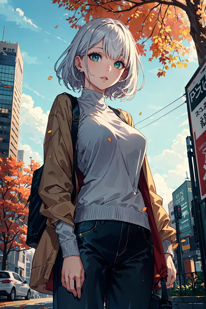 The image is a painting of a young woman with short white hair and green eyes. She is wearing a white turtleneck sweater, a brown jacket, and blue jeans. She is standing on a city street with a building in the background. The leaves on the trees are turning brown and orange. The image is in a realistic style and the colors are vibrant. The woman's expression is serious and thoughtful. She is looking at the viewer with her head tilted slightly to one side.