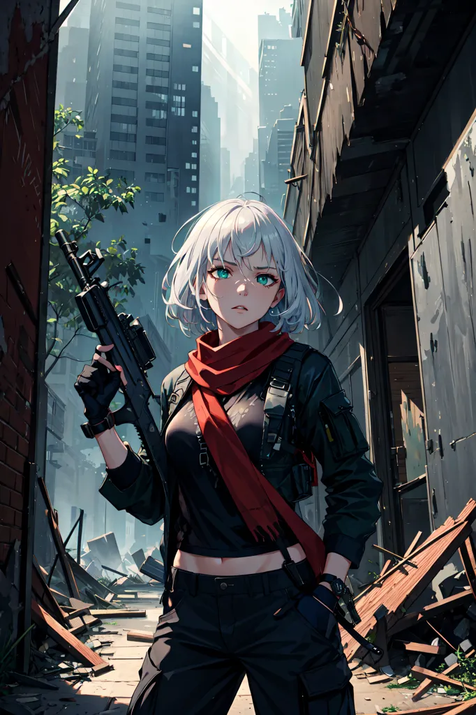 The image is of a young woman standing in a destroyed city. She is wearing a black jacket, red scarf, and black pants. She is also carrying a gun. The city is in ruins, with buildings destroyed and debris everywhere. The woman's expression is one of determination and defiance. She seems to be ready to fight for what she believes in.