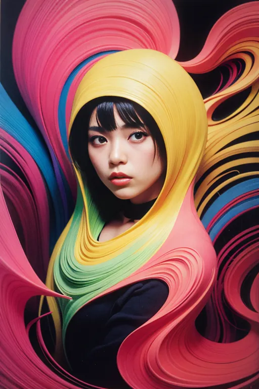 A young woman with long black hair is wearing a colorful headdress. The headdress is made of many different colored ribbons that are twisted and wrapped around her head. The woman's face is serene, and her eyes are slightly downcast. She is wearing a black shirt. The background is dark.