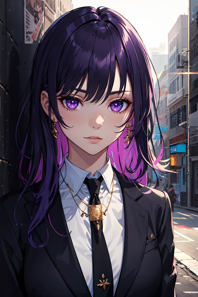 The image is a portrait of a young woman with purple hair and purple eyes. She is wearing a white shirt, black suit jacket, and black tie. There is a gold necklace around her neck and a gold earring in her left ear. She is standing in an urban setting with a blurred background of a city street.