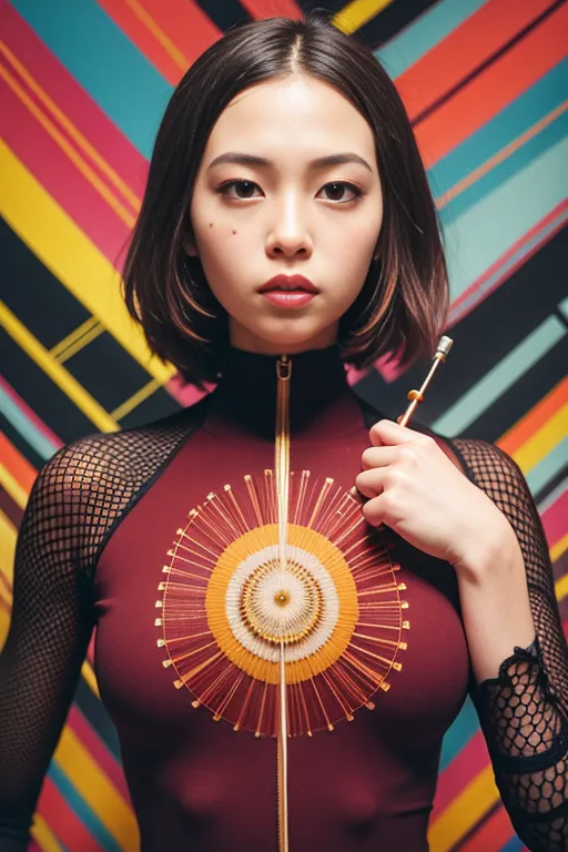 A young woman with short dark hair is posing in front of a colorful background. She is wearing a red and black bodysuit with a geometric pattern and a high collar. She is also wearing a silver necklace and a black bracelet. Her expression is serious and she is looking directly at the viewer.