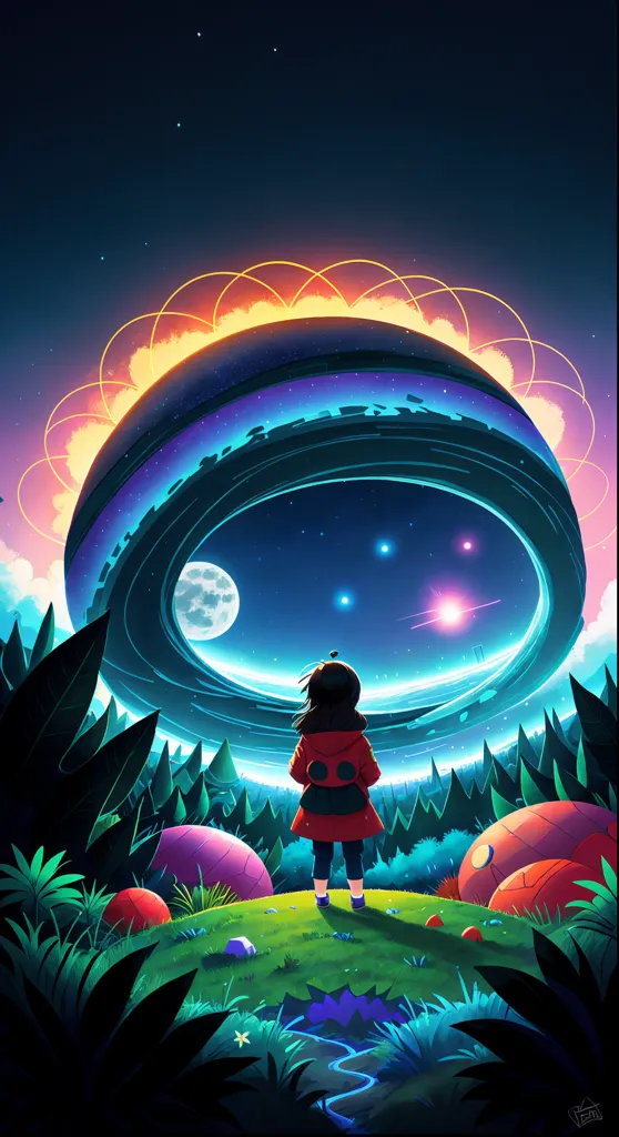 The image is of a girl standing on a hill, looking up at a large, glowing planet. The planet is surrounded by a series of glowing rings, and there are several stars in the sky. The girl is wearing a red jacket and there are several trees and plants on the hill. The image is set at night, and the sky is dark.