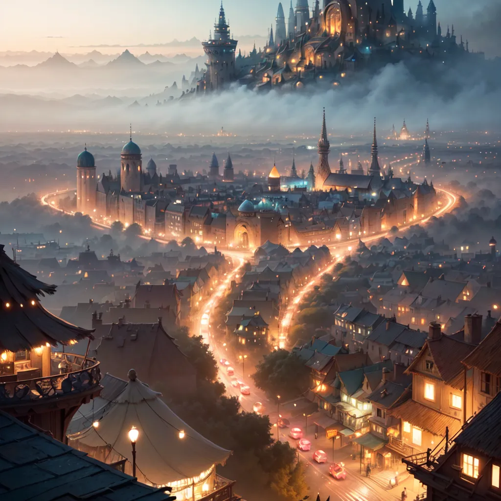 The image is a painting of a fantasy city. The city is built on a series of hills and is surrounded by mountains. There are many different types of buildings in the city, including houses, shops, and temples. The city is also home to a number of different creatures, including humans, elves, and dwarves. The painting is done in a realistic style and the colors are very vibrant. The image is full of detail and the artist has clearly put a lot of thought into its creation.