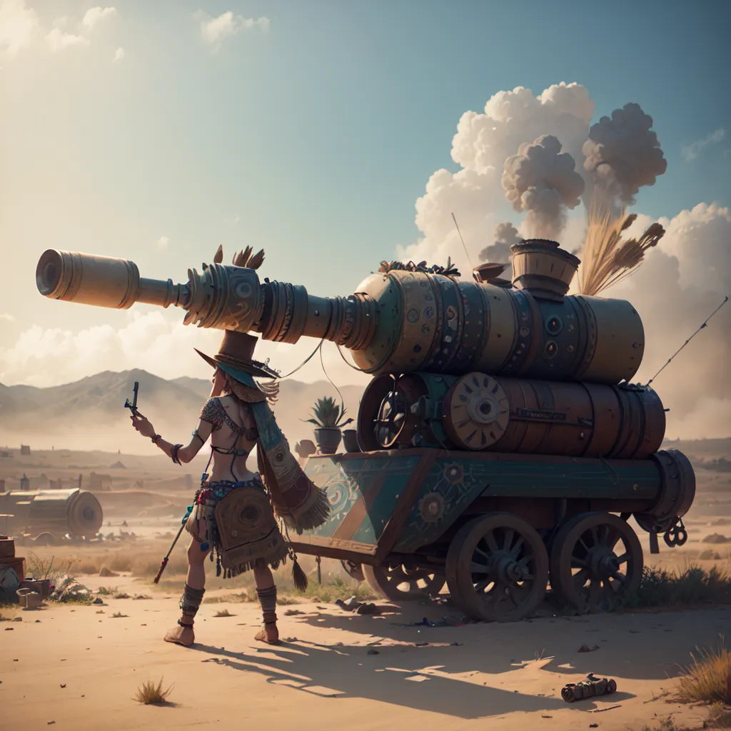 This image shows a woman standing in the desert next to a large, steampunk-style cannon. The woman is wearing a wide-brimmed hat, a bandolier, and a skirt. She has a confident expression on her face and is holding what appears to be a pistol in her right hand. The cannon is mounted on a wheeled platform and has a large, ornate barrel. There are several other steampunk-style vehicles in the background. The sky is hazy and there are clouds in the distance.