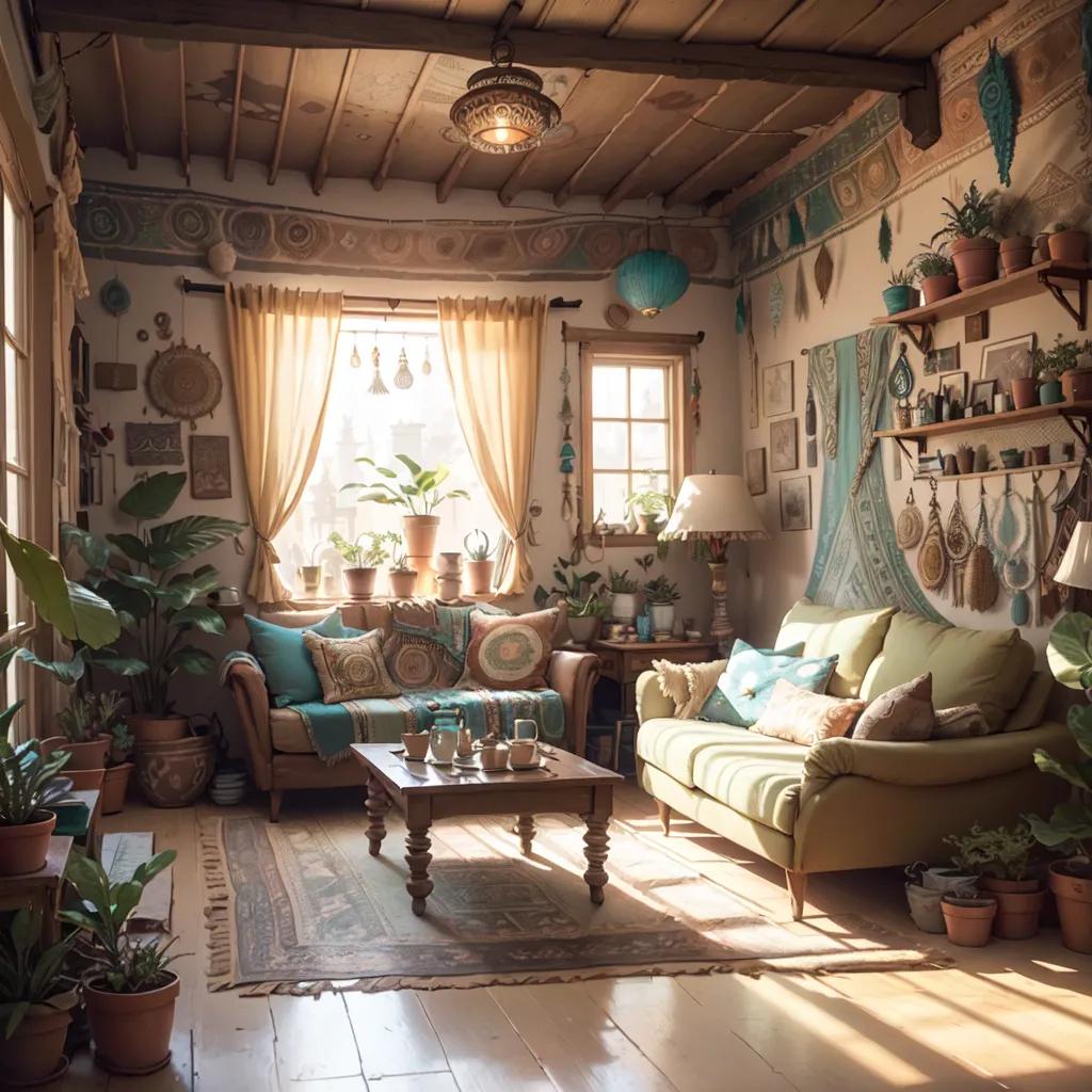 The living room is decorated in a boho style with a mix of patterns and colors. There is a large window that lets in plenty of natural light. The furniture is mostly made of wood and upholstered in soft fabrics. There are a lot of plants and other natural elements in the room, which give it a relaxed and inviting feel.