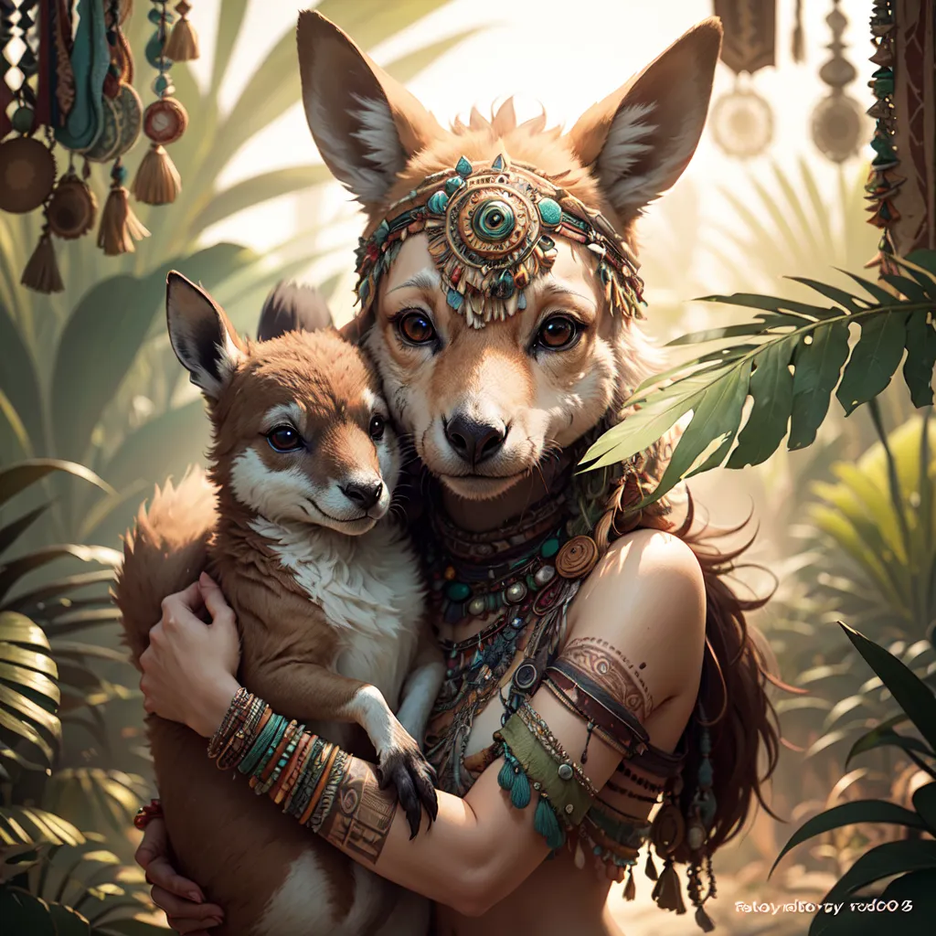 This image shows a woman with the head of a kangaroo. She is standing in a lush forest, and she is wearing a variety of jewelry and clothing made from natural materials. She has a joey in her arms. The joey is looking at the camera. The woman has her eyes closed and is smiling. The background of the image is a blur of green leaves.