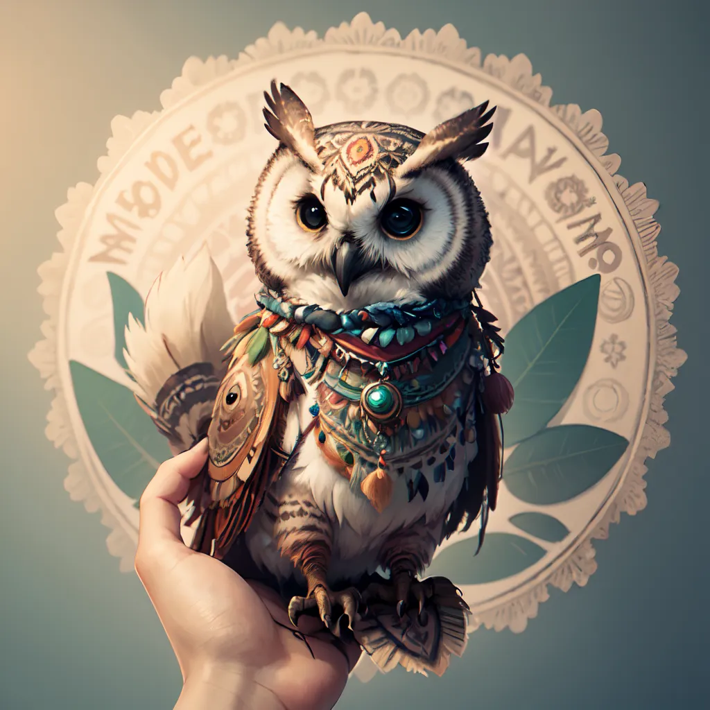 L'image est une peinture d'un hibou avec une main humaine le tenant. Le hibou est assis sur la main de la personne avec ses pattes. Le hibou est blanc avec des marques brunes et noires. Il porte un couvre-chef coloré et un collier fait de perles, de plumes et d'autres objets. L'arrière-plan est de couleur bleu-vert clair avec un cercle blanc au milieu. Le hibou regarde le spectateur avec ses grands yeux ronds.