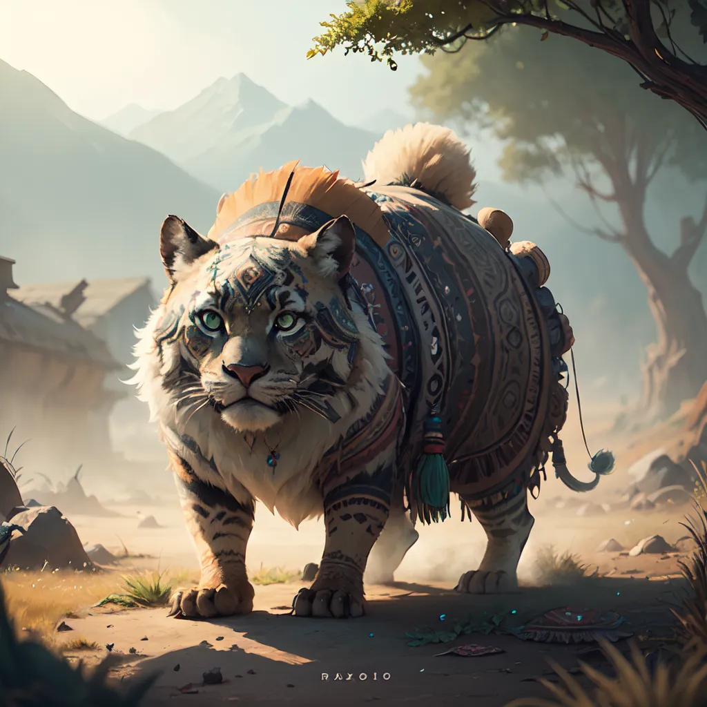 The image is a digital painting of a large, white tiger-like creature. The creature is standing on a rocky hilltop, looking down at the viewer. It has a muscular build, with long, sharp claws and teeth. Its fur is white with black stripes, and it has a long, bushy tail. The creature is wearing a variety of jewelry and armor, including a necklace, a breastplate, and a belt. It also has a number of scars on its body. The background of the image is a mountainous landscape, with a river running through the valley below. The sky is a clear blue, with a few clouds dotting the horizon.