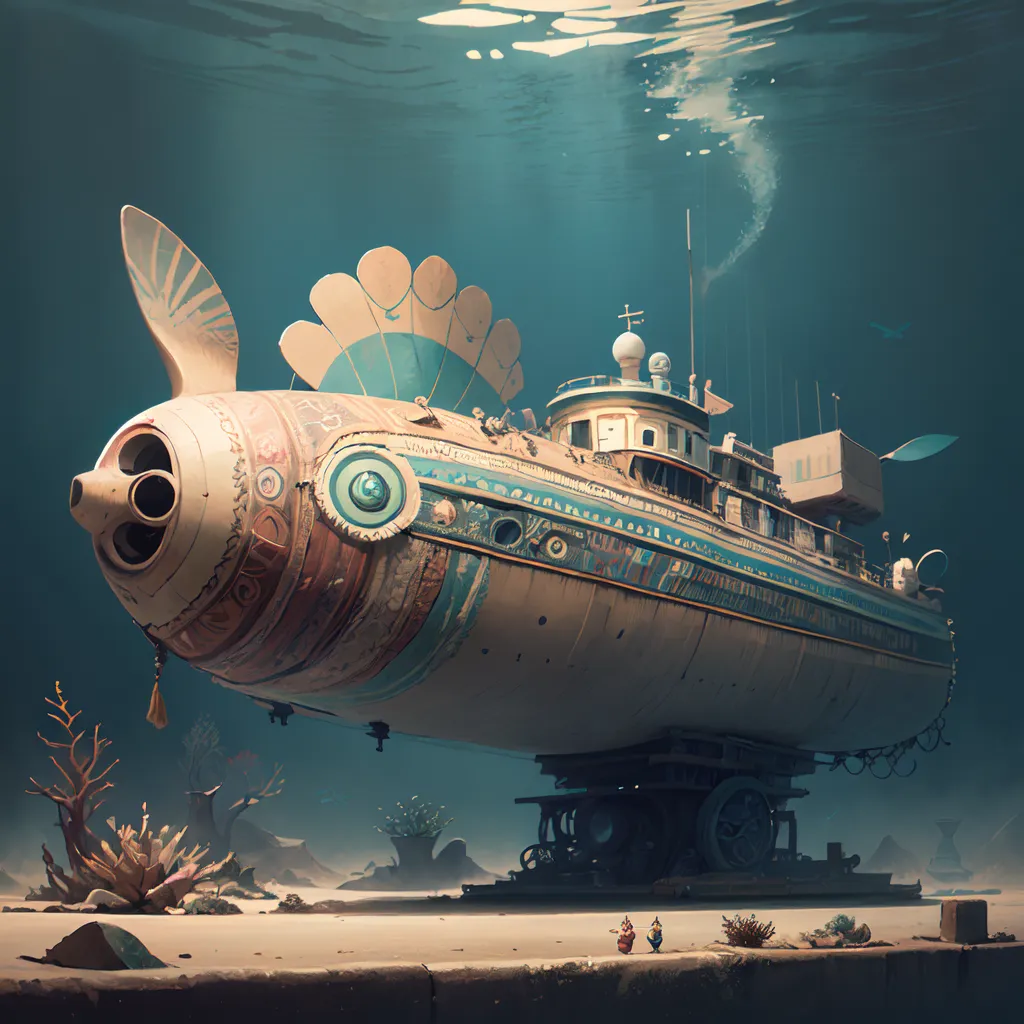 The image is of a steampunk submarine. It is a large, metal vessel with a long, cylindrical body and a bulbous nose. The submarine is painted in a light blue color and has a large number of portholes and other details. There are two large propellers at the back of the submarine and a large fin on the top. The submarine is docked at a pier and there are a number of small, fish-like creatures swimming around it.