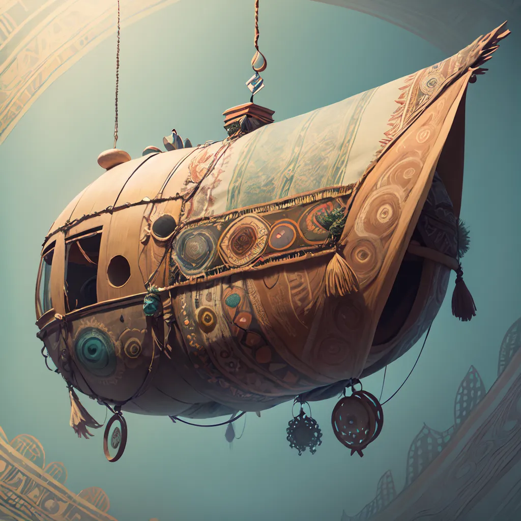 The image shows a steampunk airship. It is brown and has a lot of decorations on it. It is also very large.