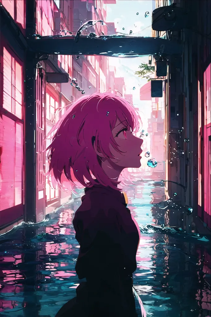 A imagem é uma pintura de uma menina em pé em uma rua inundada. A água chega até os joelhos dela. Ela está usando um vestido preto com um colarinho branco. Ela tem cabelos rosa e olhos roxos. Ela está olhando para a direita do quadro. Há edifícios de ambos os lados da rua. Os edifícios são feitos de tijolos e têm persianas de madeira. A água está turva e marrom. Há um brilho rosa no céu.