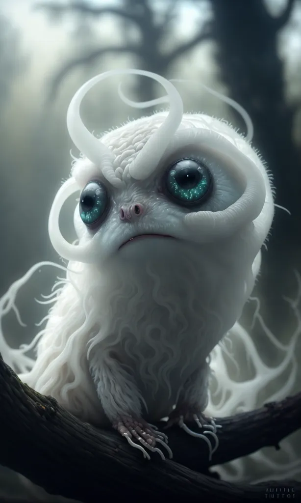 The image is a digital painting of a small, white creature with large, blue eyes. The creature is sitting on a branch in a forest. It has a long, fluffy tail and its body is covered in soft, white fur. The creature's ears are long and pointed, and its feet are small and delicate. The creature is looking at the viewer with a curious expression.