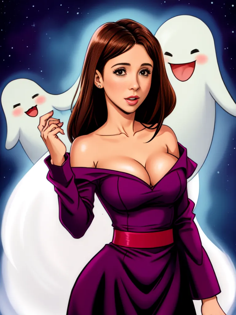 This is an image of a woman with two ghosts behind her. The woman is wearing a purple dress with an off-the-shoulder neckline and a red sash. She has long brown hair and brown eyes. She is looking at the viewer with a smile on her face. The ghosts are both white and have black eyes. They are smiling and have their tongues out. The one on the left is smaller than the one on the right. The background is a dark blue night sky with stars.